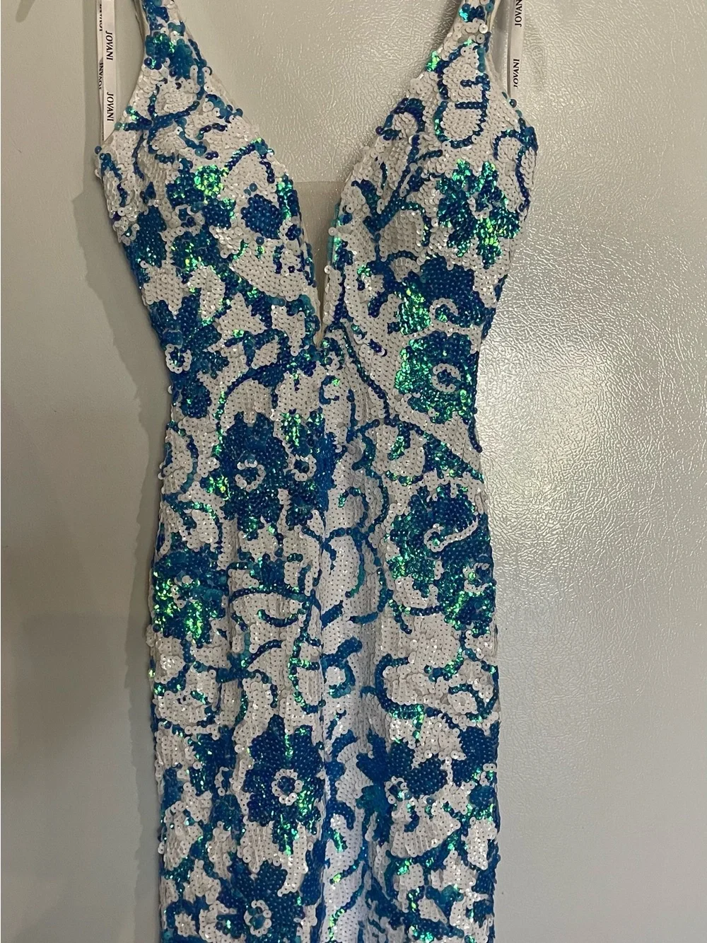 Jovani Sequin Floral V-Neck Bodycon Dress in White and Blue